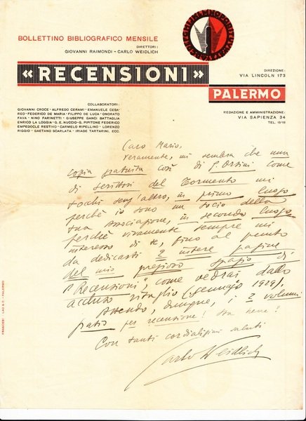 Recensioni. Bollettino bibliografico mensile Palermo. Lettera manoscritta e firmata del …