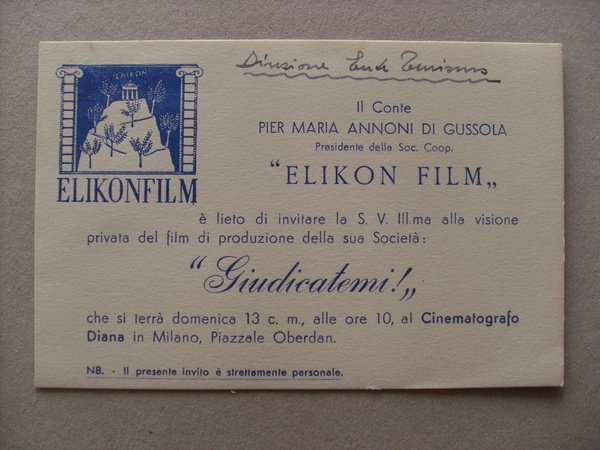 Invito Conte Pier Maria Annoni di Gussola Presidente "ELIKON FILM" …