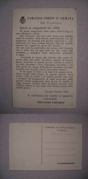 Cartolina Comando Corpo d'Armata di VERONA. 1920 (Giovanni Cattaneo)