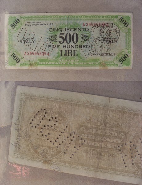 Banconota 500 Lire Falso d'Epoca. Occupazione Americana dell'Italia.