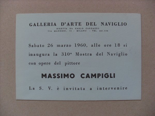 Cartolina / invito Mostra MASSIMO CAMPIGLI. Galleria d´Arte del Naviglio …