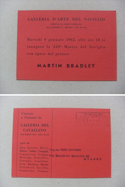 Cartolina / invito Mostra MARTIN BRADLEY. Galleria d´Arte del Naviglio …