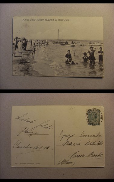 Cartolina Saluti dalla ridente spiaggia di Cesenatico. 1911