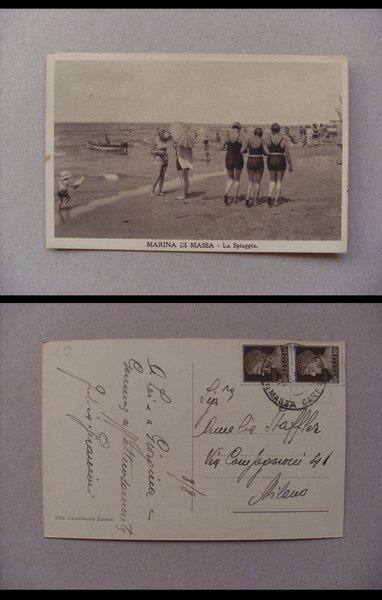 Cartolina MARINA DI MASSA (Massa Carrara) La Spiaggia. Anni´30