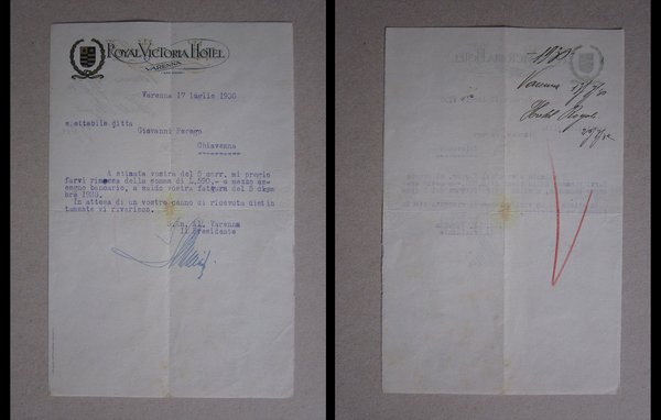 Lettera su carta intestata ROYAL VICTORIA HOTEL Varenna 1930