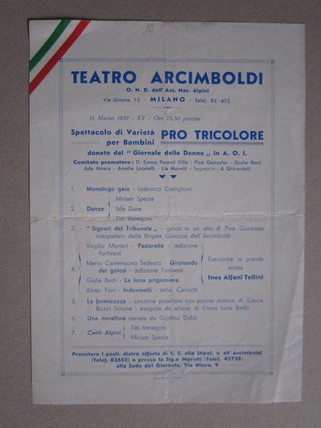 Volantino TEATRO ARCIMBOLDI Milano. Spettacolo per bambini PRO TRICOLORE 1937 …