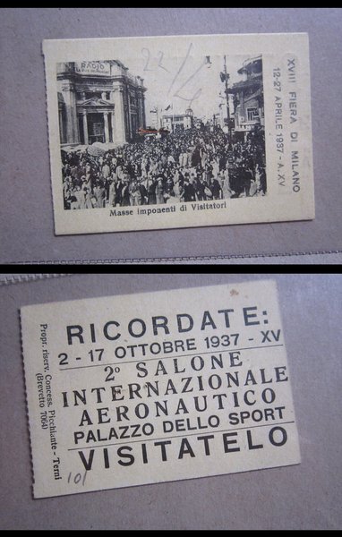 Biglietto d´ingresso XVIII Fiera di MILANO 1937. Retro pubblicità 2°Salone …