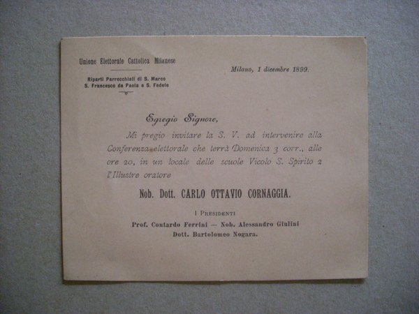 Invito Conferenza CARLO OTTAVIO CORNAGGIA (Unione Elettorale Cattolica Milanese) Milano …