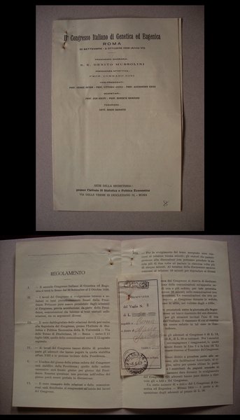 Regolamento+ricevuta II°Congresso Italiano di Genetica ed Eugenica ROMA 1929. Presidenza …