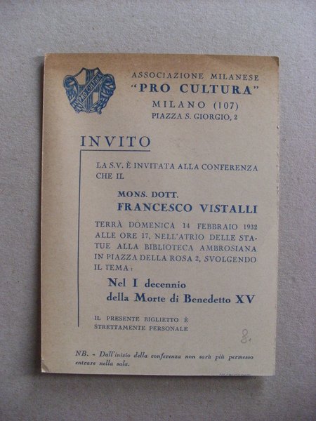 Invito Conferenza Francesco Vistalli. Associazione Militare PRO CULTURA - MILANO. …