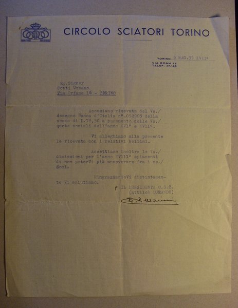 Invio su carta intestata CIRCOLO SCIATORI TORINO 1939 con firma …