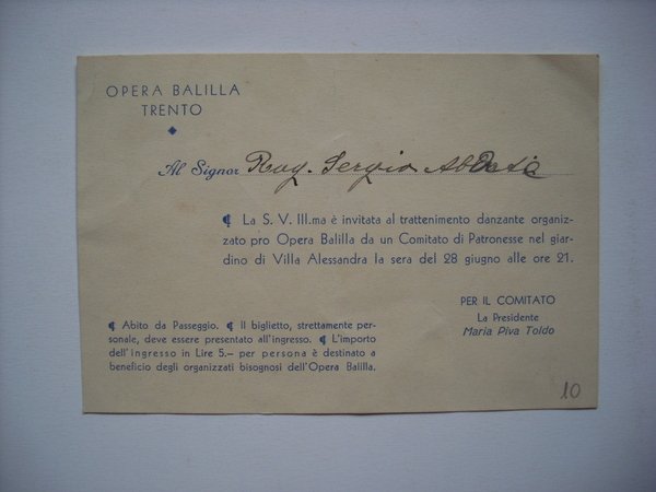 Invito "Pro OPERA BALILLA TRENTO" Presidente:Maria Piva Toldo