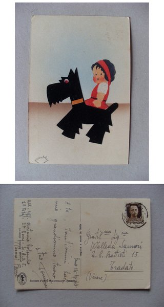 Cartolina / postcard illustrata con panno lenci CANE - BAMBINA. …