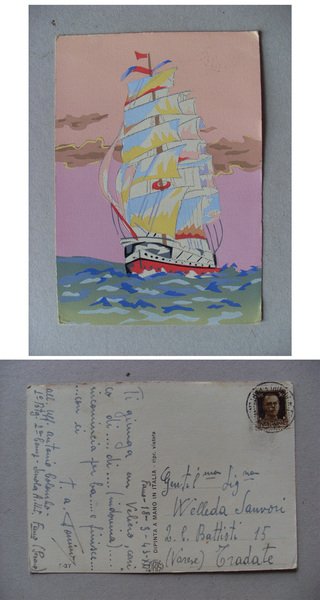 Cartolina / postcard illustrata dipinta a mano NAVE. Creazioni d´Arte …
