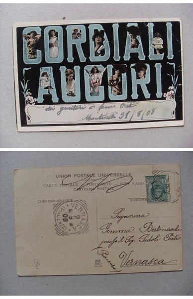 Cartolina / postcard CORDIALI AUGURI 1908 (donnine / angeli / …
