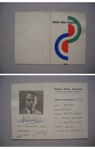 *Tessera Socio AMICI DELLA FRANCIA Milano 1946