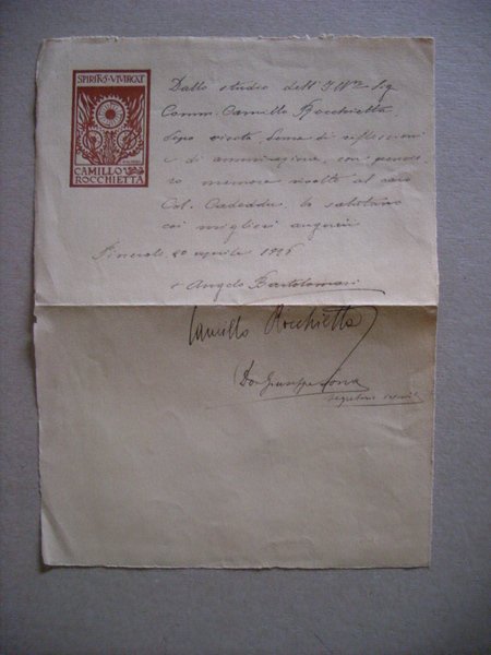 Lettera manoscritta e firmata ANGELO BARTOLOMASI. Presente anche la firma …