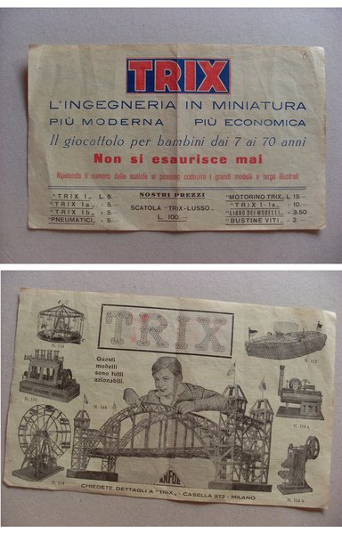 Manifestino pubblicitario TRIM "L'ingegneria in miniatura" Giocattolo per bambini (costruzioni …