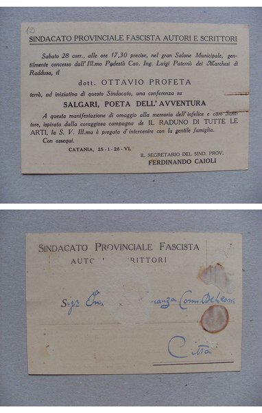 Cartolina invito conferenza di OTTAVIO PROFETA su SALGARI (Sindacato Provinciale …