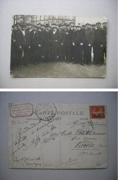 Cartolina immigrati Italiani a Parigi spedita a Varese. 1916