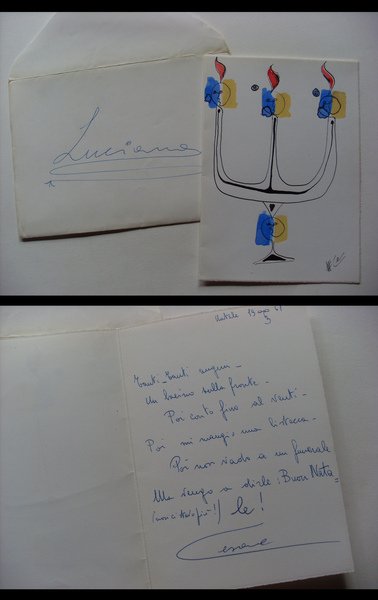 Biglietto augurale + busta disegnato e scritto da CESARE RIVA …
