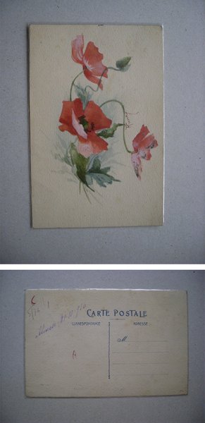 Cartolina dipinta a mano all'acquerello (fiori) Almese 1916