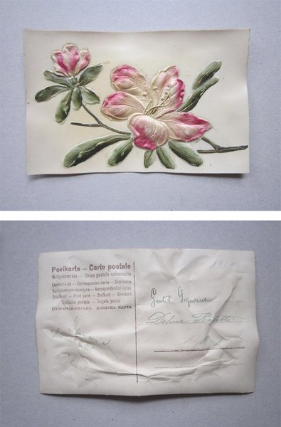Cartolina in plastica termo compressa dipinta a mano (fiori) Primi'900