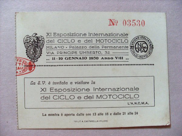 Biglietto d´ingresso XI Esposizione Internazionale del CICLO e del MOTOCICLO. …
