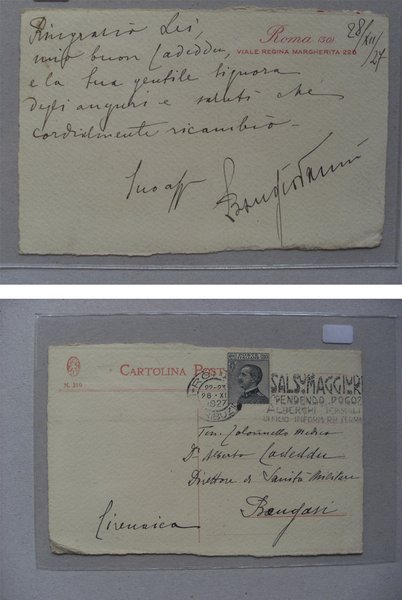 Cartolina manoscritta e firmata LUIGI BONGIOVANNI (Governatore Cirenaica) - ROMA …