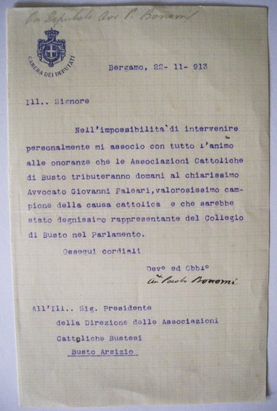 Lettera con firma, intestata Camera dei Deputati. PAOLO BONOMI (BERGAMO1861 …