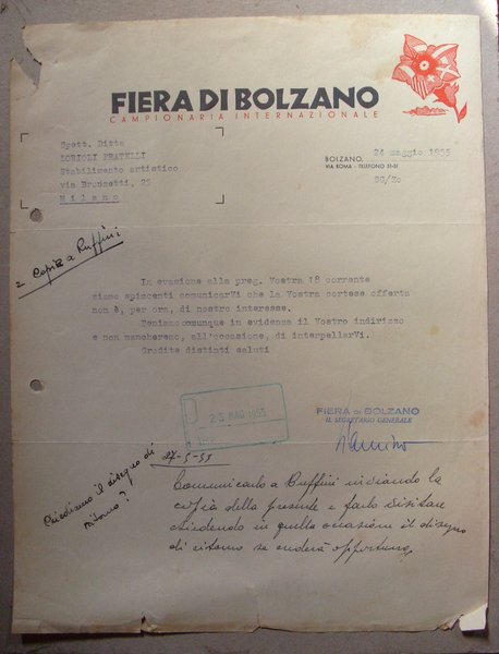 Fattura Fiera di BOLZANO Campionaria Internazionale 1955 (alla Ditta Fratelli …