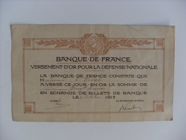 Banque de France - Versement d´or pour la defense nationale. …