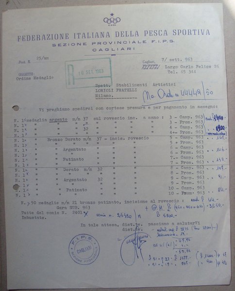 Fattura Federazione Italiana Pesca Sportiva Sezione Provinciale CAGLIARI 1963 (alla …