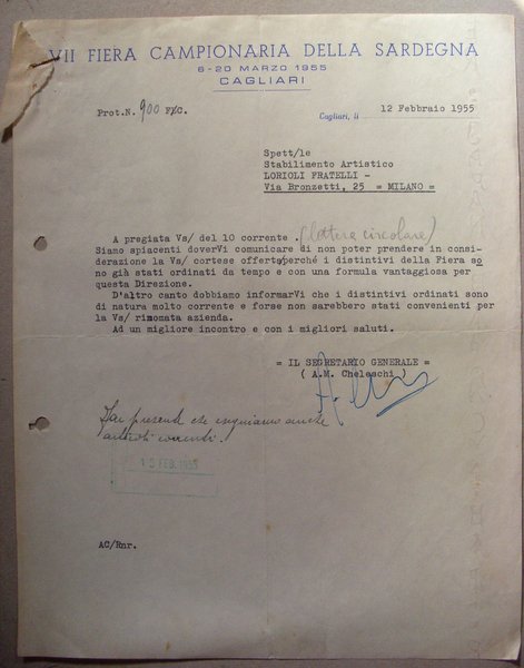 Fattura VII Fiera Campionaria della Sardegna - CAGLIARI 1955 (alla …