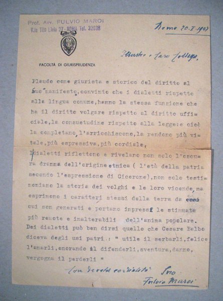 Invio su carta intestata "Facoltà di Giurisprudenza" con firma FULVIO …