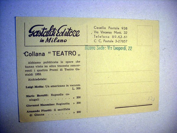 Cartolina Pubblicitaria GASTALDI EDITORE Milano Collana TEATRO. 1952