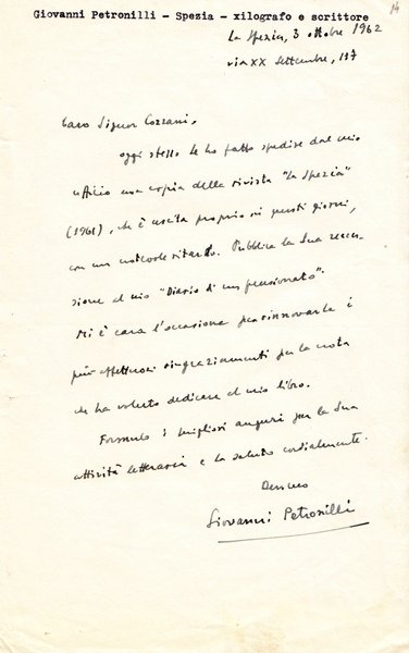 Giovanni Petronilli. Xilografo e scrittore di La Spezia. Lettera manoscritta …