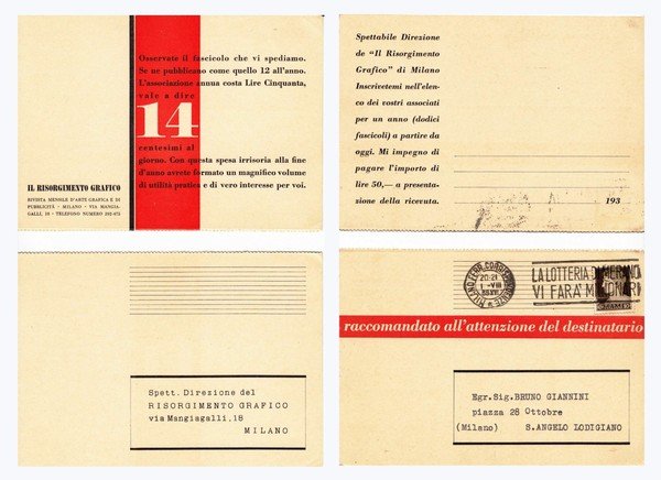 Il Risorgimento Grafico. Cartolina abbonamento 1938 viaggiata.