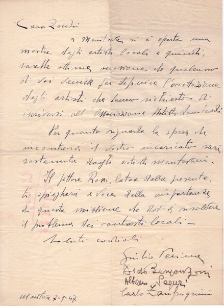 Giulio Pessina, Aldo Bergonzoni, Albano Seguri, Carlo Zanfrognini. Pittori. Lettera …