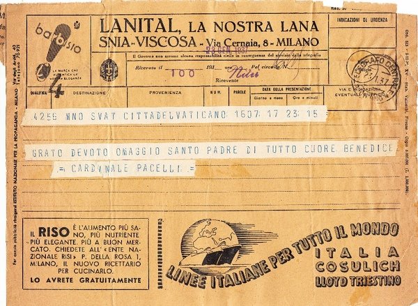 Cardinale Pacelli. Papa Pio XII. Telegramma datato 23 Gennaio 1937.