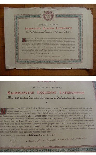 Attestato per CROCE LATERANENSE concessa a Domenico Panebianco. 1936