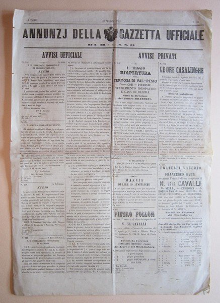 Annunzj della Gazzetta Ufficiale di Milano. 1851 (Riapertura della Certosa …