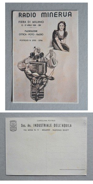Cartolina RADIO MINERVA Fiera di Milano 1939. Soc. An. Industriale …