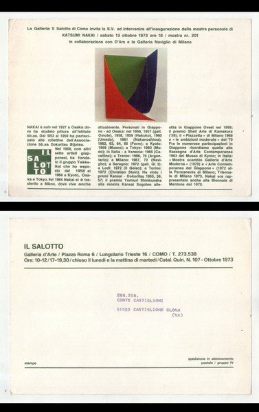 Invito KATSUMI NAKAI. Galleria Il Salotto - Como. 1973