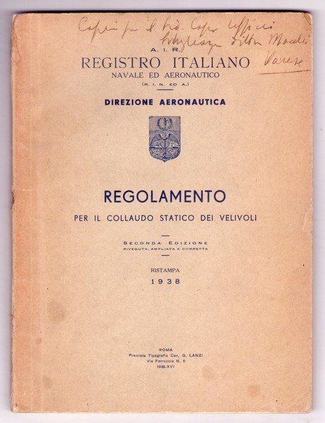 A.I.R. Registro Italiano Navale ed Aeronautico. Direzione Aeronautica. Regolamento per …