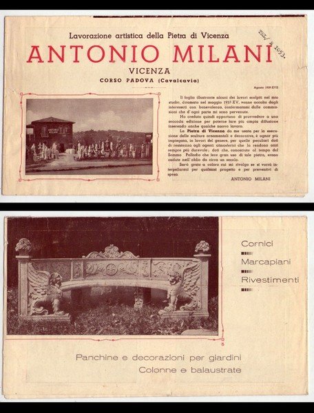 Antonio Milani. Lavorazione artistica della Pietra di Vicenza. 1939
