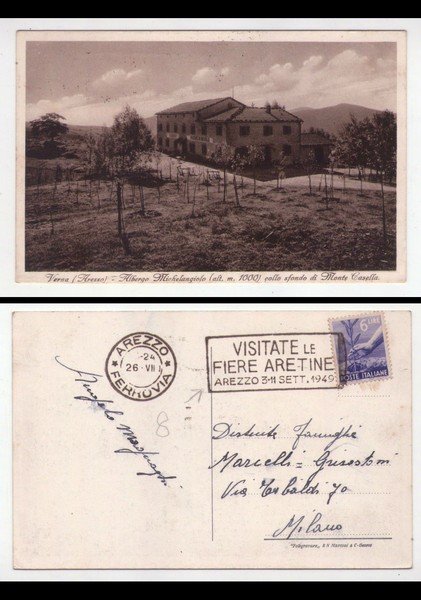 Cartolina/postcard VERNA (Arezzo) Albergo Michelangiolo collo sfondo di Monte Casella. …