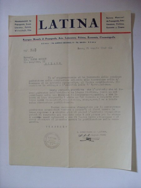 Lettera LATINA Rassegna Mensile di Propaganda,Arte,Letteratura,Politica,Economia,Cinematografia ROMA 1942