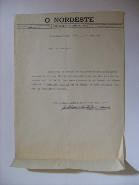 Lettera O NORDESTE - Diario Vespertino de Orientação Catolica 1939