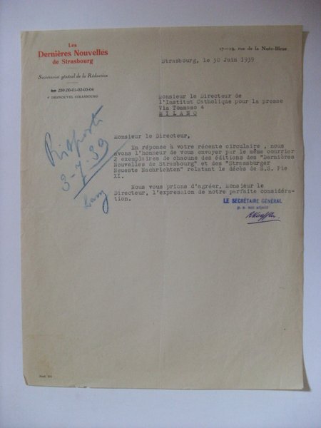 Lettera Les Dernières Nouvelles de Strasbourg 1939